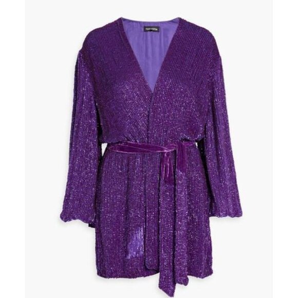 Retrofête gabrielle velvet-trimmed sequined chiffon mini wrap dress, Size M - Picture 2 of 13